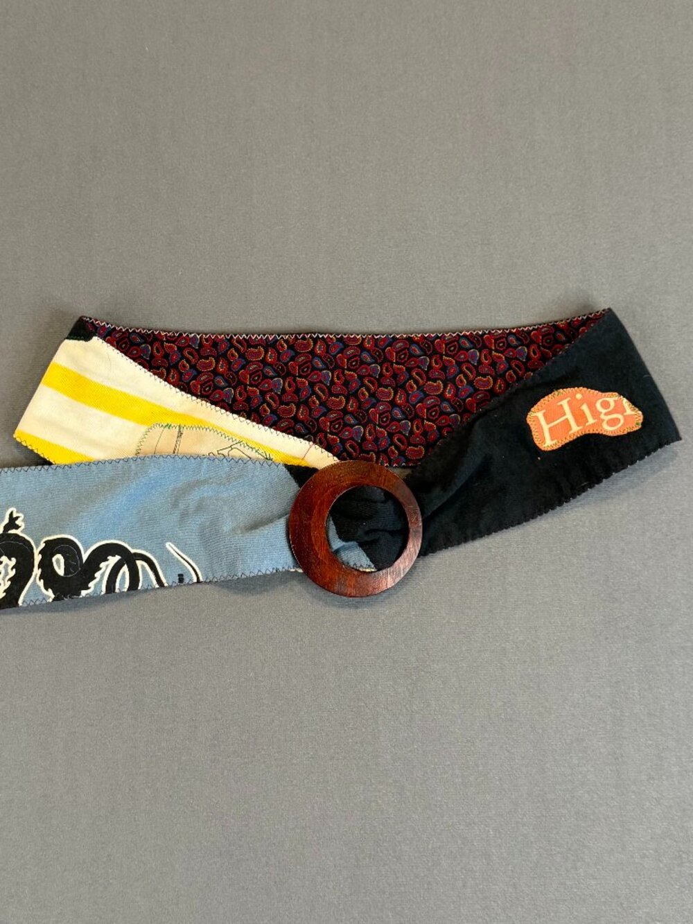 Simply Detailed Diana Stowers Patchwork Fabric Tie Belt Wood Ring 45"